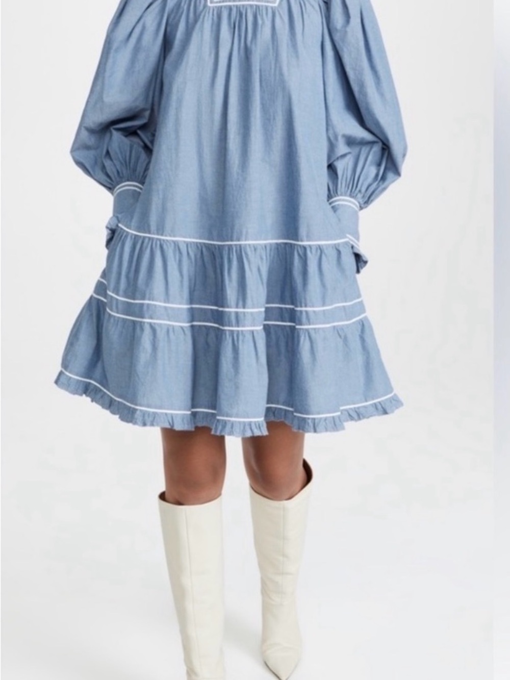 Ulla Johnson Light Blue Tiered Chambray Dress with White Trim